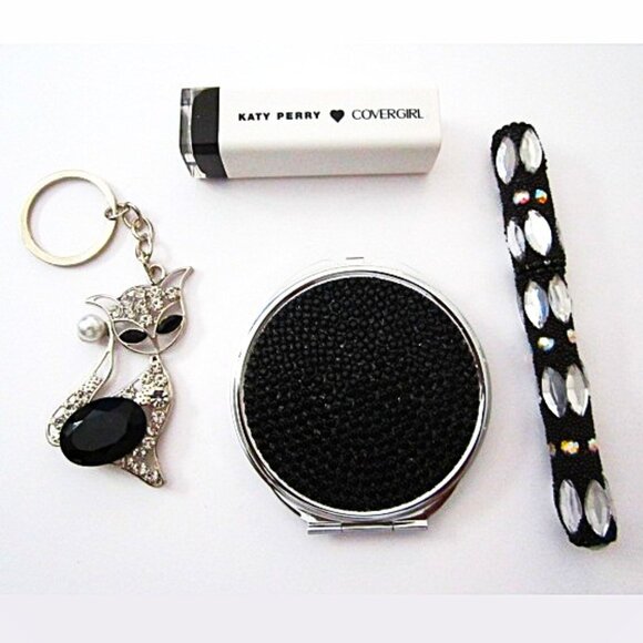 Black Cat Cover Girl Katy Perry Lip Stick Compact Mirror Ink Pen Keychain NEW - Picture 1 of 3